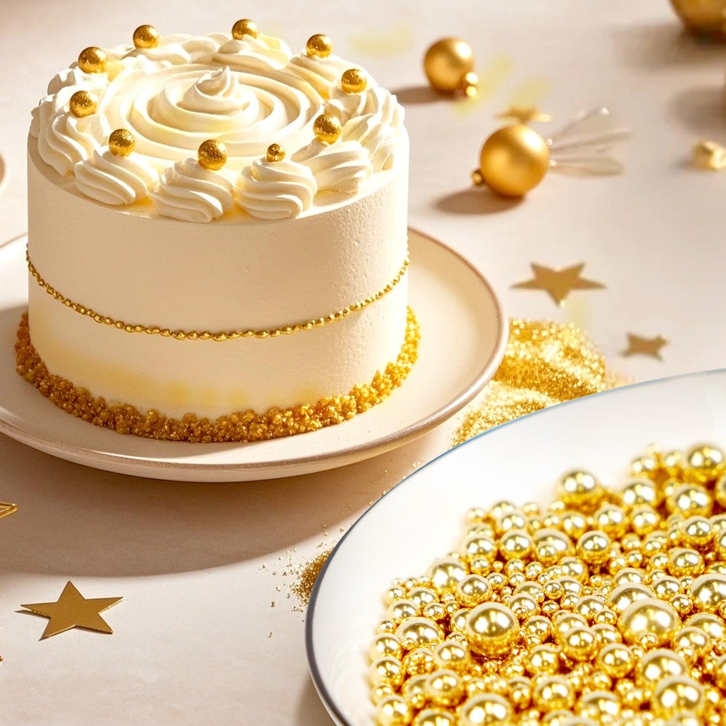 Gold Edible Sugar Pearl Sprinkles for Cake Decorating, Candy Pearls Sprinkles for Cupcake, Cookie, Baking Cake Decorations, 4 sizes, 160g/5.64oz, Holiday, Wedding Party, Christmas Supplies