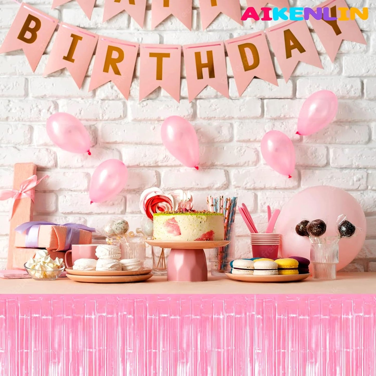 6 Pack 29x108 Inch Metallic Foil Fringe Tinsel Table Skirts Banner for Rectangle Tables Streamer Garland Curtains Backdrop for Birthday, Parade Floats, Valentine's Day Party Decoration(Macaron Pink)