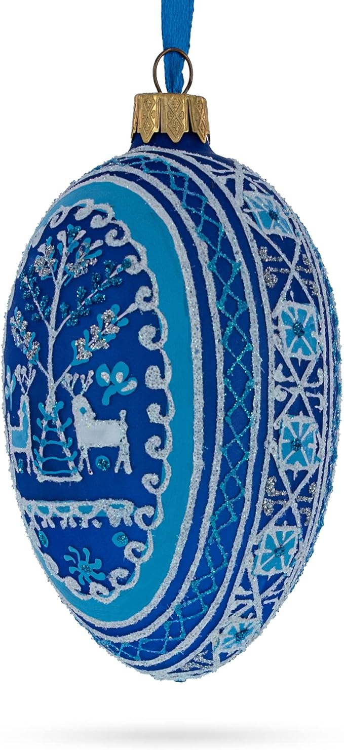 Two Deer in Forest Ukrainian Glass Egg Ornament 4 Inches