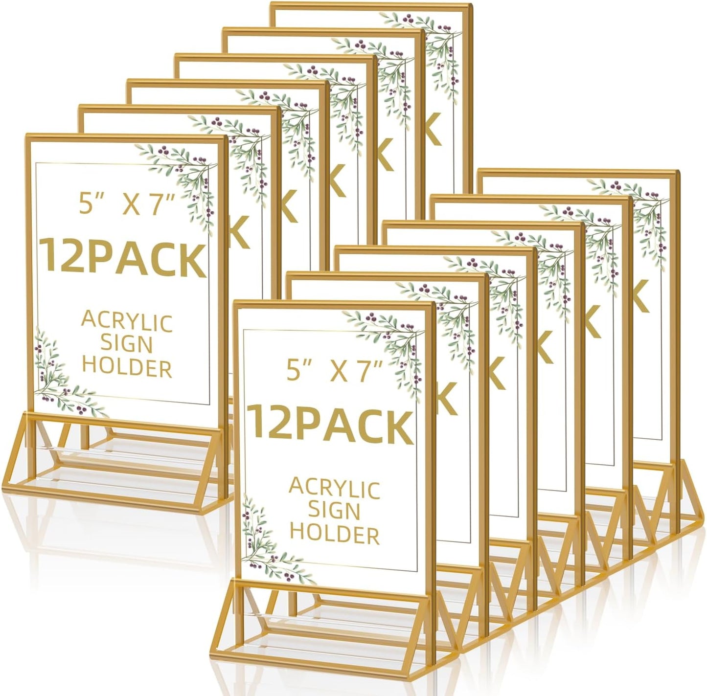 12 Pack Acrylic Sign Holder 5x7 Gold Frame Double Sided Display Stand, Clear Sign Holder Table Plastic Paper Holder, Acrylic Frames for Home Office Shop Photo Frames