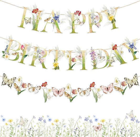 Sunbeauty Wildflower Butterfly Happy Birthday Banner | Garden Party Decoration | Floral Birthday Decorations | Pre-Strung