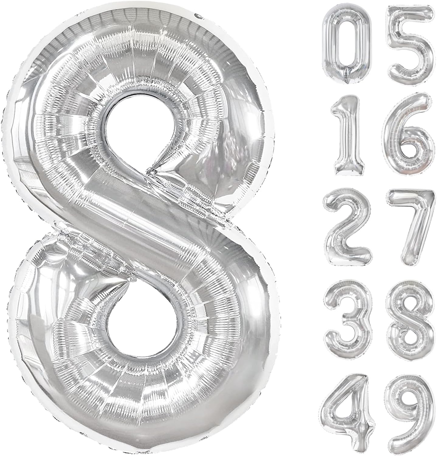 Silver Foil Number 8 Balloon 40 Inch, Helium Mylar Eight Number 8 18 28 38 48 58 80 88 Birthday Balloons, 8th Silver Women Men Wedding Anniversary, Graduations Party Supplies