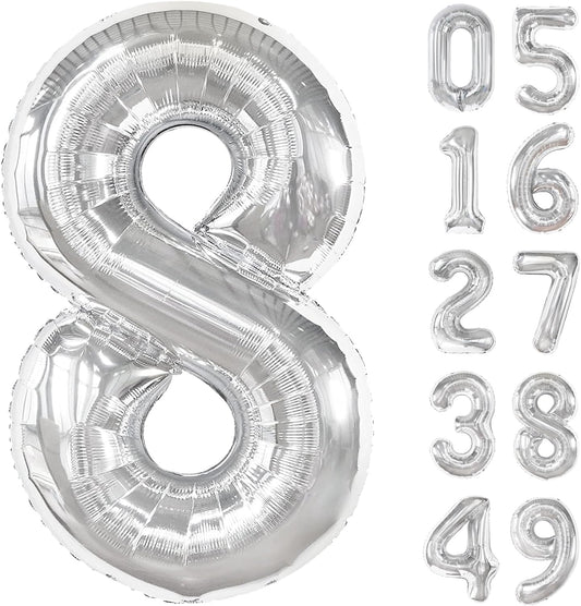 Silver Foil Number 8 Balloon 40 Inch, Helium Mylar Eight Number 8 18 28 38 48 58 80 88 Birthday Balloons, 8th Silver Women Men Wedding Anniversary, Graduations Party Supplies