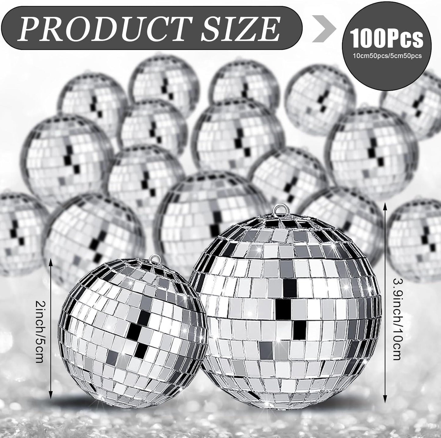 Funtery 100 Pcs Mirror Disco Balls Bulk Assorted Silver Hanging Disco Ball Decor for Home Wedding Birthday Dance Music 70 S Theme Party Christmas Tree Ornaments(1.2'', 2'')