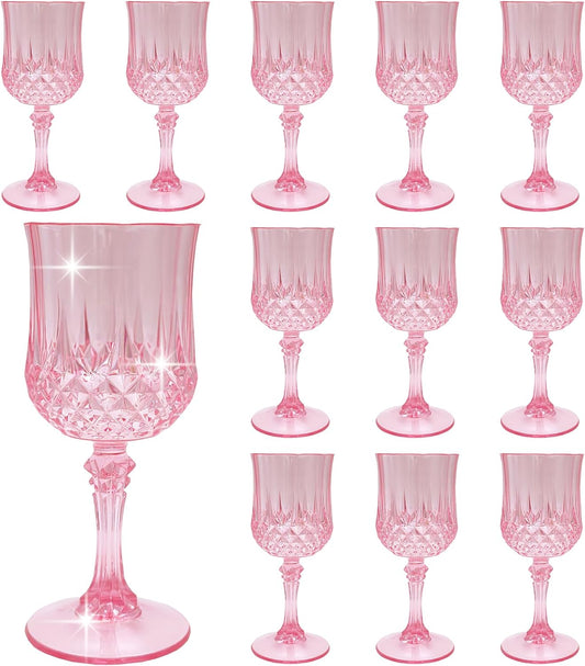 Plastic Wine Glasses，Plastic Goblets Vintage Style Cordial Drinking Glasses for Wedding Reception, Grand Event Party Supplies (12, Pink)