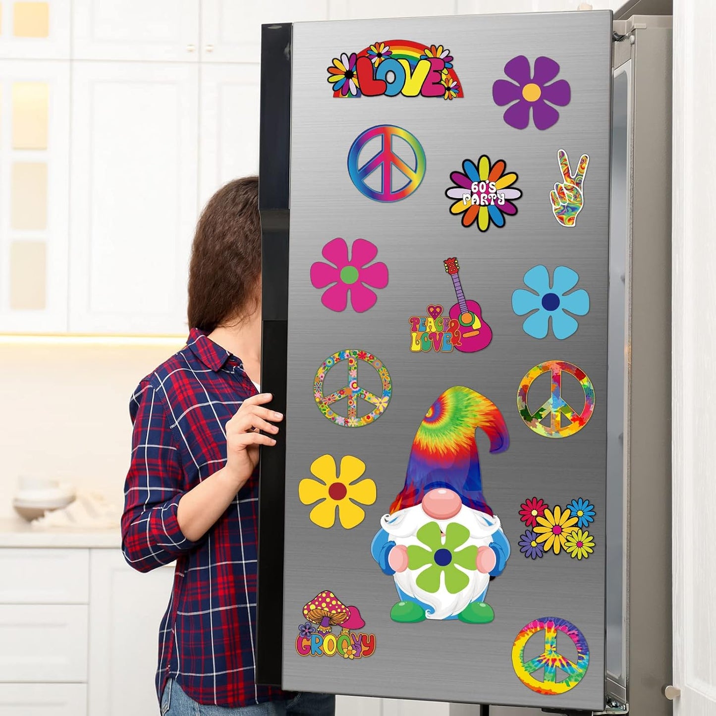 25 Pieces Car Magnet Decorations 60s Hippie Theme Party Magnetic Decals Fridge Magnets Flower Peace Car Magnetic Sticker Love Sign Colorful Hippie Decals for Refrigerator Mailbox Decor