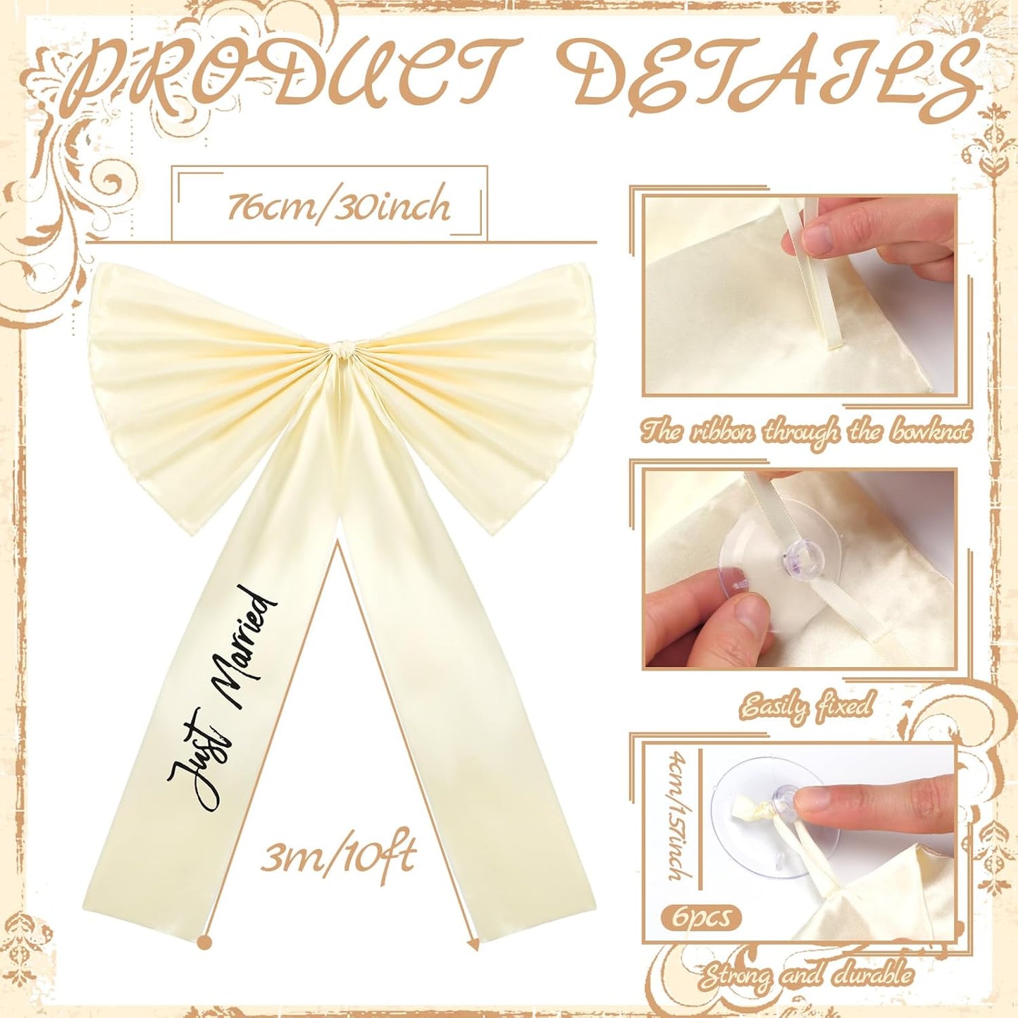 Zeyune 30 Inch Just Married Car Bow Decorations Wedding Reception & Ceremony Decor Kit Giant Ribbon Bow Automotive Decoration Accessories Ideal for Elegant Wedding Party Decor(Black Words)