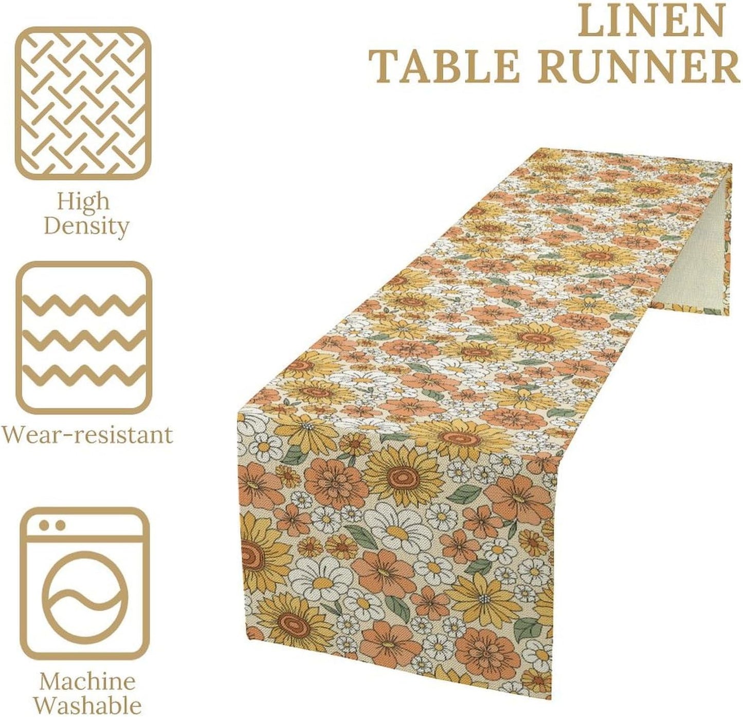 Vintage Floral Table Runner,Boho 70s Style Retro Daisies Flower Table Runner for Kitchen Dining Table Home Party Decoration 13x36 Inch