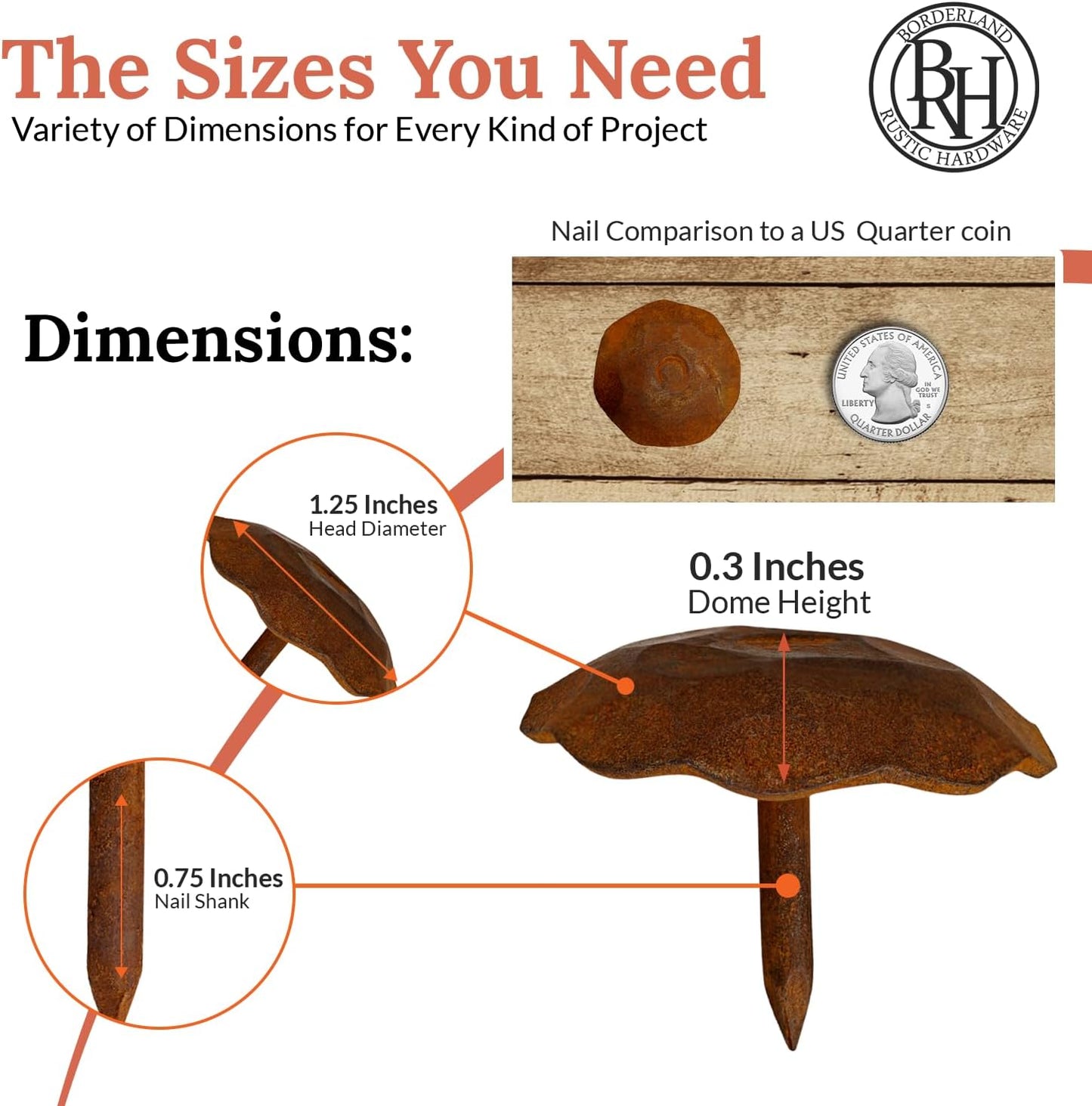 10 Pack 1.25" Round Head Iron Clavos Decorative Nails – Rusted – Handmade Rustic Round Fasteners for Farmhouse Shutters, Faux Wood Beams, Barn Doors, Shutters, Gates – Ornamental Wood Accent