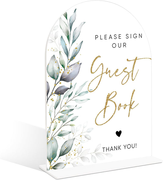 Acrylic Wedding Signs, Greenery Theme Please Sign Our Guestbook, Wedding Reception Signage, Bridal Shower Table Decor with Stand, Engagement, Anniversary, Newlywed Events and Parties Supplies, 19