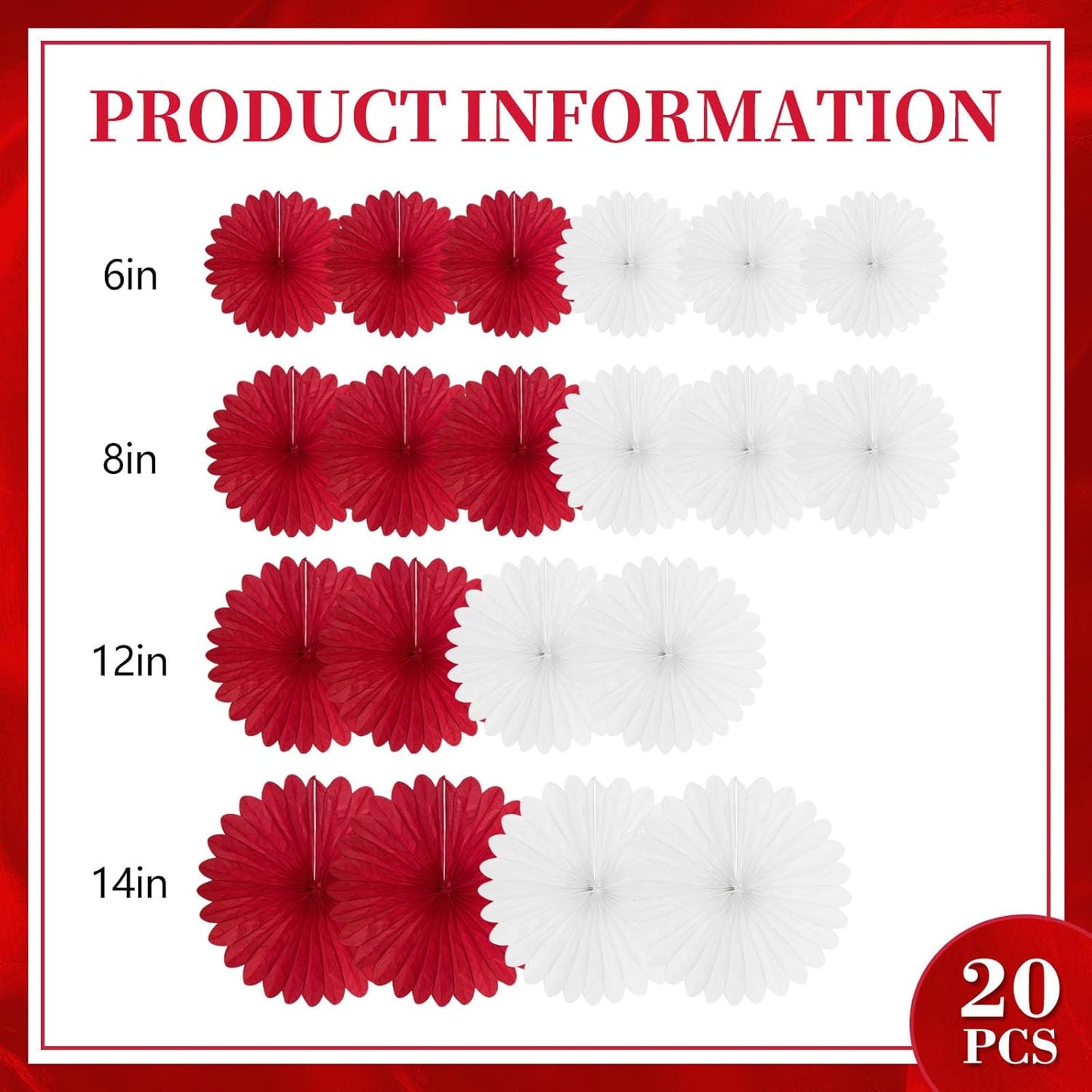 20 Pcs Red White Hanging Paper Fan, Hanging Honeycomb Round Paper Fans for Weddings, Birthdays, Christmas, Baby Showers, Classroom, Events Ceiling Party Supplies Decorations