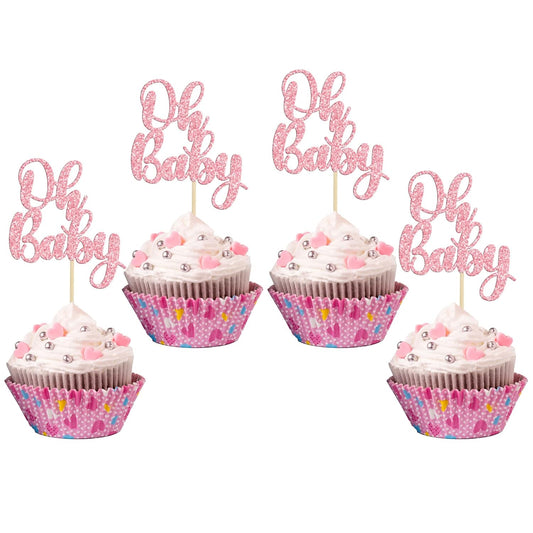 Gyufise 36 Pack Pink Glitter Oh Baby Cupcake Topper Picks for Baby Shower Party Cake Decorations Party Supplies