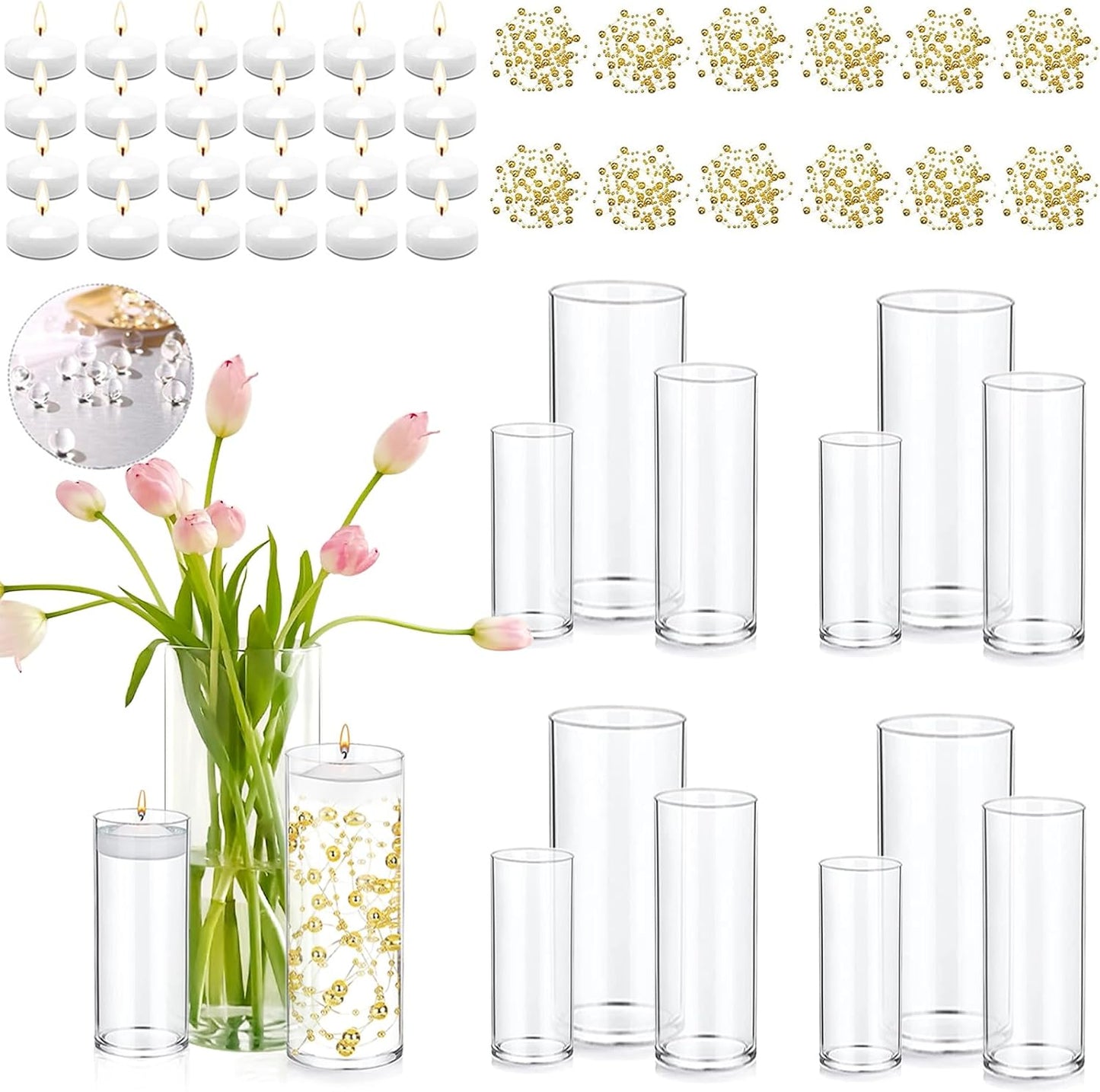 Set of 12 Glass Cylinder Vases for Centerpieces with 8 Pack Vase Filler 12 Pearl String 24 White Floating Candles for Table Centerpieces for Wedding Party Home Decor 5, 6, 8 Inch