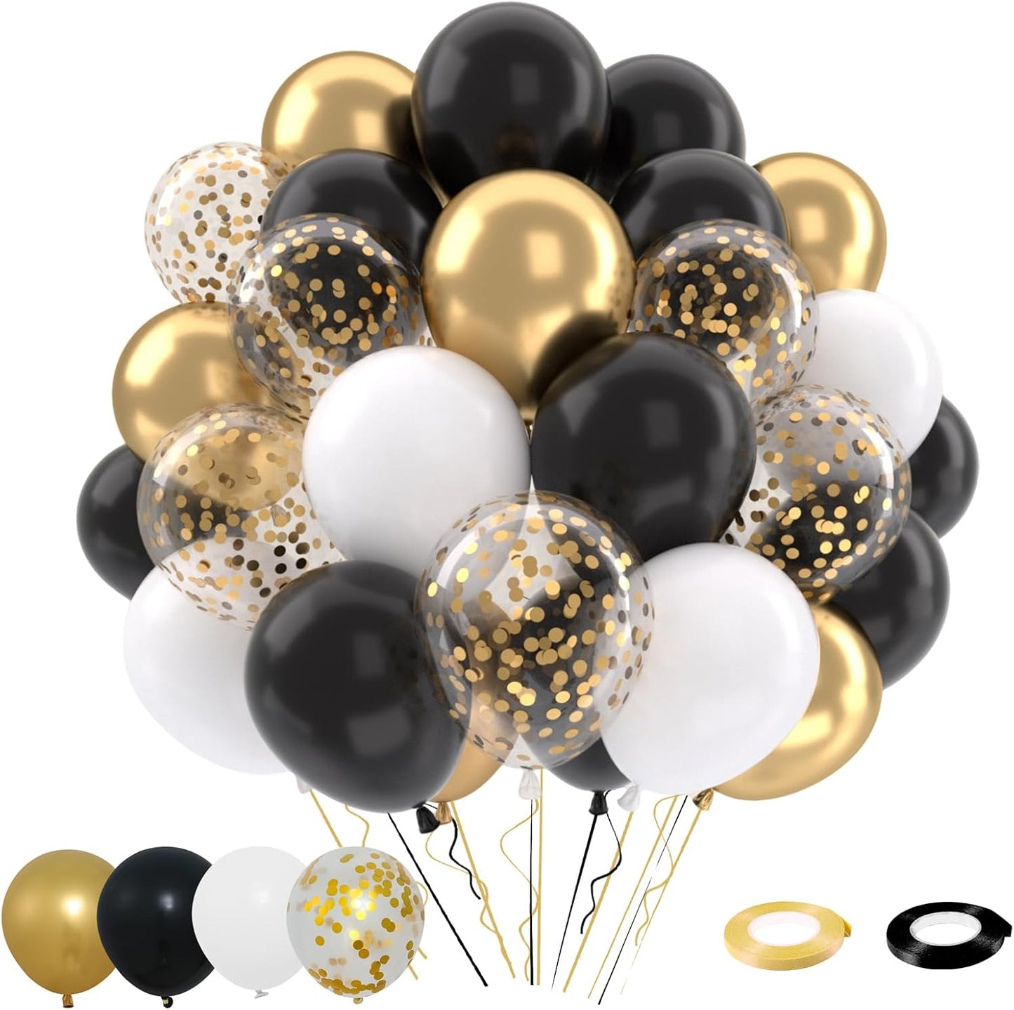 Patimate Black Gold Confetti Balloons Set, 50 pcs 12 inch Metallic Gold Black White Confetti Latex Balloons Kit for Birthday Wedding Graduation New Years Anniversary Party Decorations
