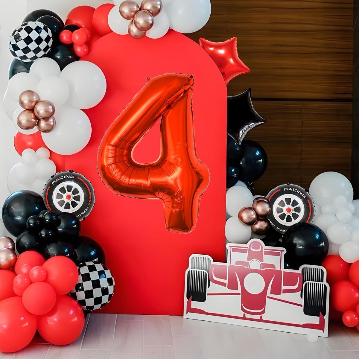 Race Car Birthday Decorations - 40 Inch Mylar Red Number 4 Balloons - Black Foil Checkered Race Car Balloons for 4st Birthday Race Cars Themed Party Decorations Supplies