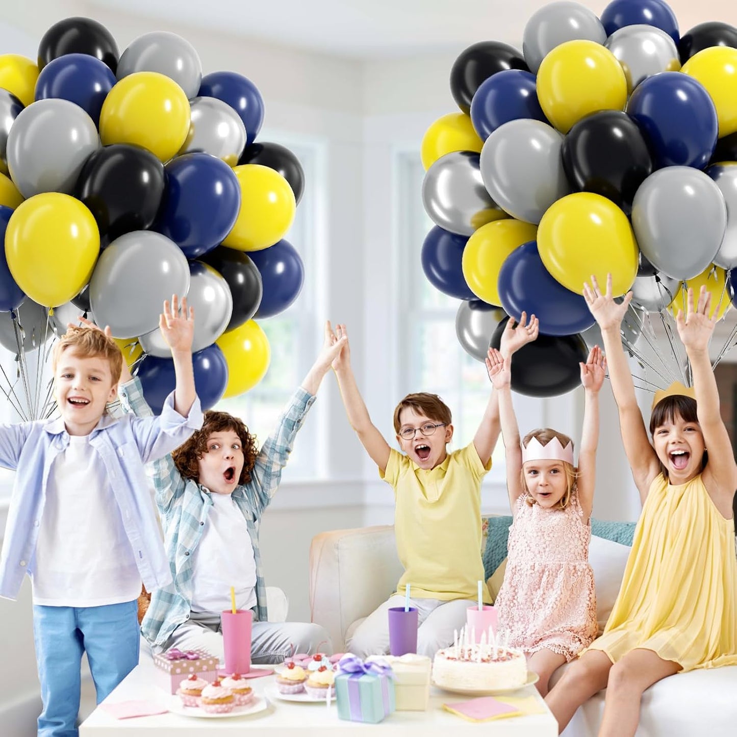60pcs Black and Yellow Balloons 12inch with Navy Blue Yellow Gray Metallic Silver Balloons for Baby Shower Birthday Party Decorations for Men