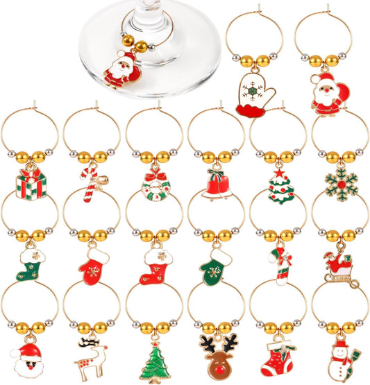 20pcs Christmas Wine Glass Charms, Cute Wine Glass Markers Tags Charms with Flannel Bag Christmas Theme Drink Identifier for Stem Glasses for Wine Tasting Party Favors Decorations