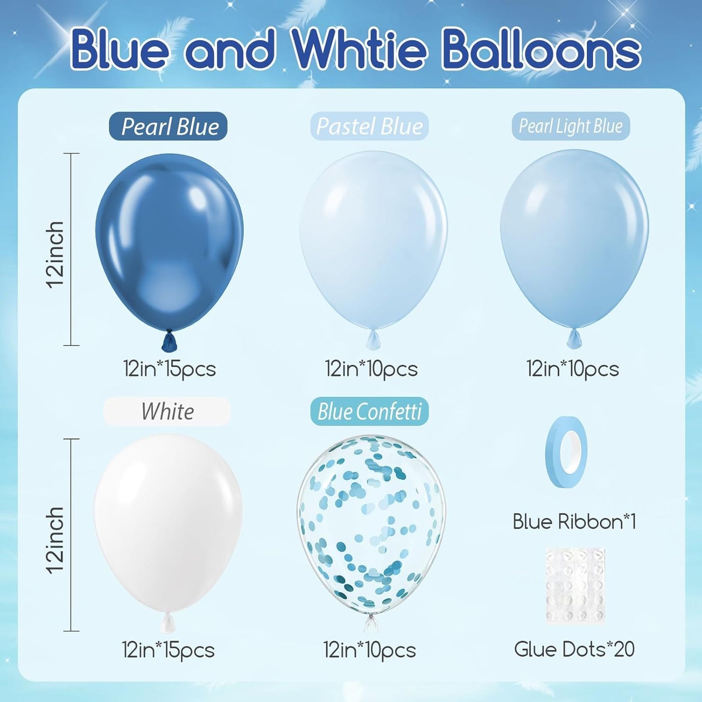 60pcs Blue and White Balloons 12inch with Pastel Pearl Light Blue Confetti White Balloons for Bridal Baby Shower Wedding Birthday Party Decorations