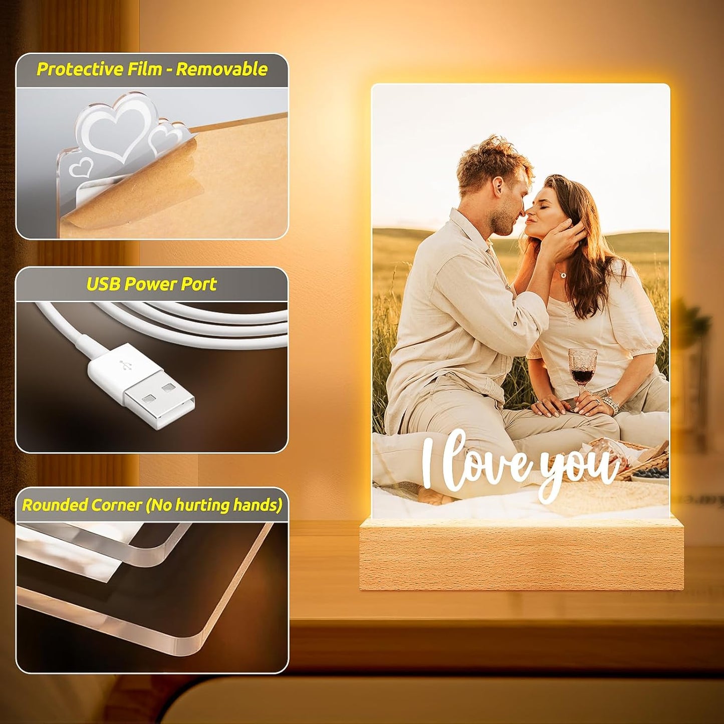Personalized Picture Frame with Photo, Customized Photo Frame with Night Light, Custom Couple Picture Frames, Personalized Anniversary Birthday Gifts for Women Men Girlfriend Boyfriend Her Him