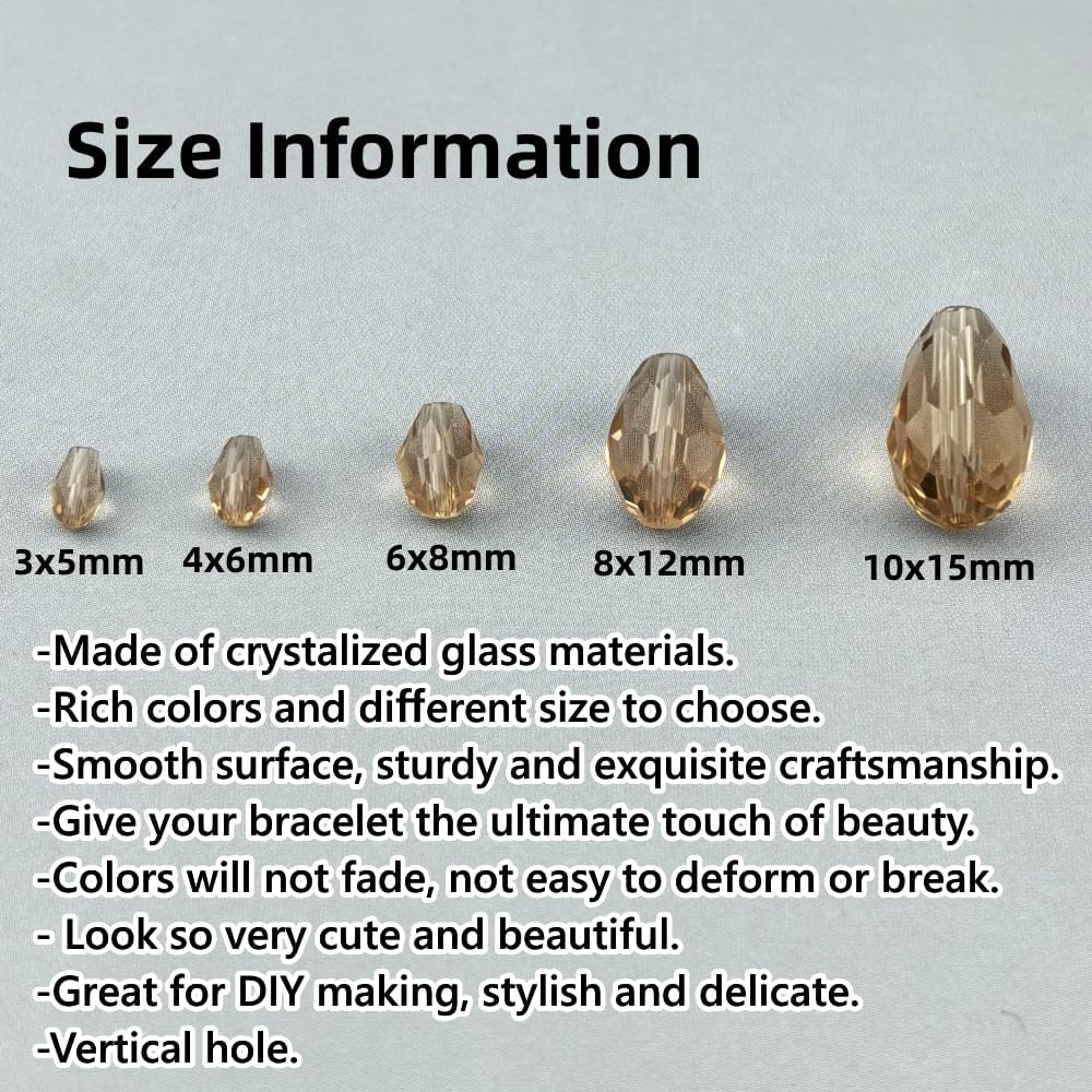 100pcs 8x12mm Teardrop Crystal Glass Beads for Jewelry Making, Faceted Vertical Hole Teardrop Glass Spacer Beads for Wind Chimes Bracelet Earring Necklace DIY Craft(Champagne)