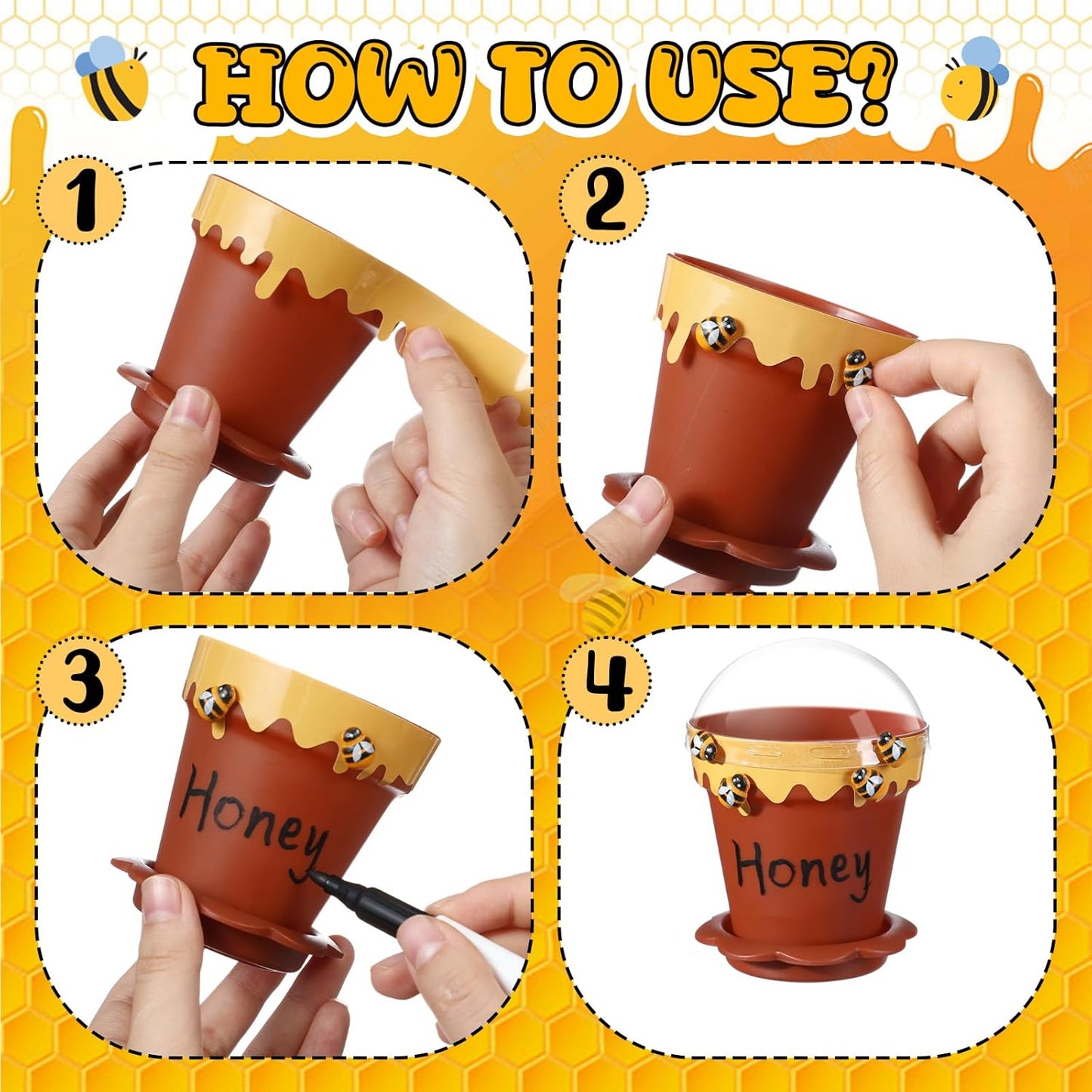 30 Sets Mini Honey Bee Pots with Lids, Spoon, Saucers and Bee Charms, 6.76 OZ Plastic Honey Jars for Cupcake Dessert Themed Party Favor Planter Baby Shower Birthday Wedding Decoration (Brown)