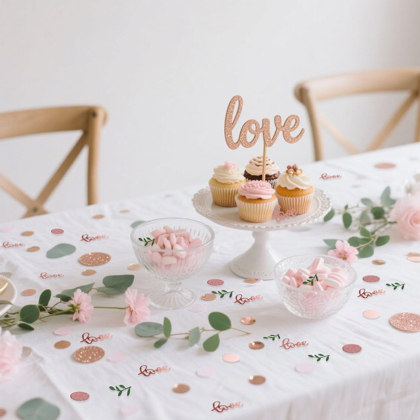 200 Pcs Rose Gold Glitter Wedding Table Confetti, Greenery Eucalyptus, Bridal Shower Decorations, Pink Love Confetti, Engagement Party Scatters