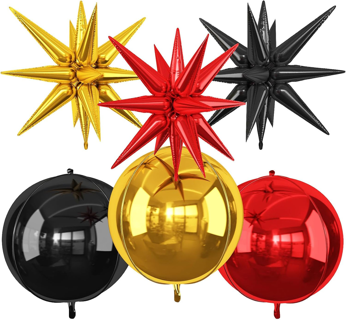 6Pcs Black Red Gold Foil Balloons,22Inch Black Gold Red 4D Round Ball Balloon and Explosion Star Balloon for Birthday Wedding Baby Shower Anniversary Party Decorations