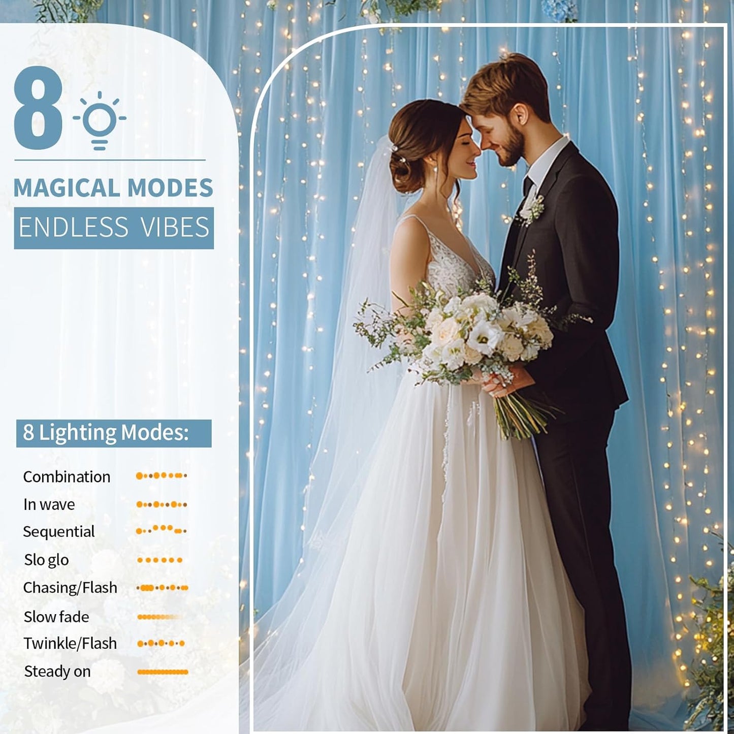 Baby Blue Tulle Backdrop Curtain with Lights String - 10x10ft Sheer Backdrop with 300 LEDs for Wedding, Baby Shower, Bridal Shower, Birthday Party Photo Shoot Background and Home Decorations