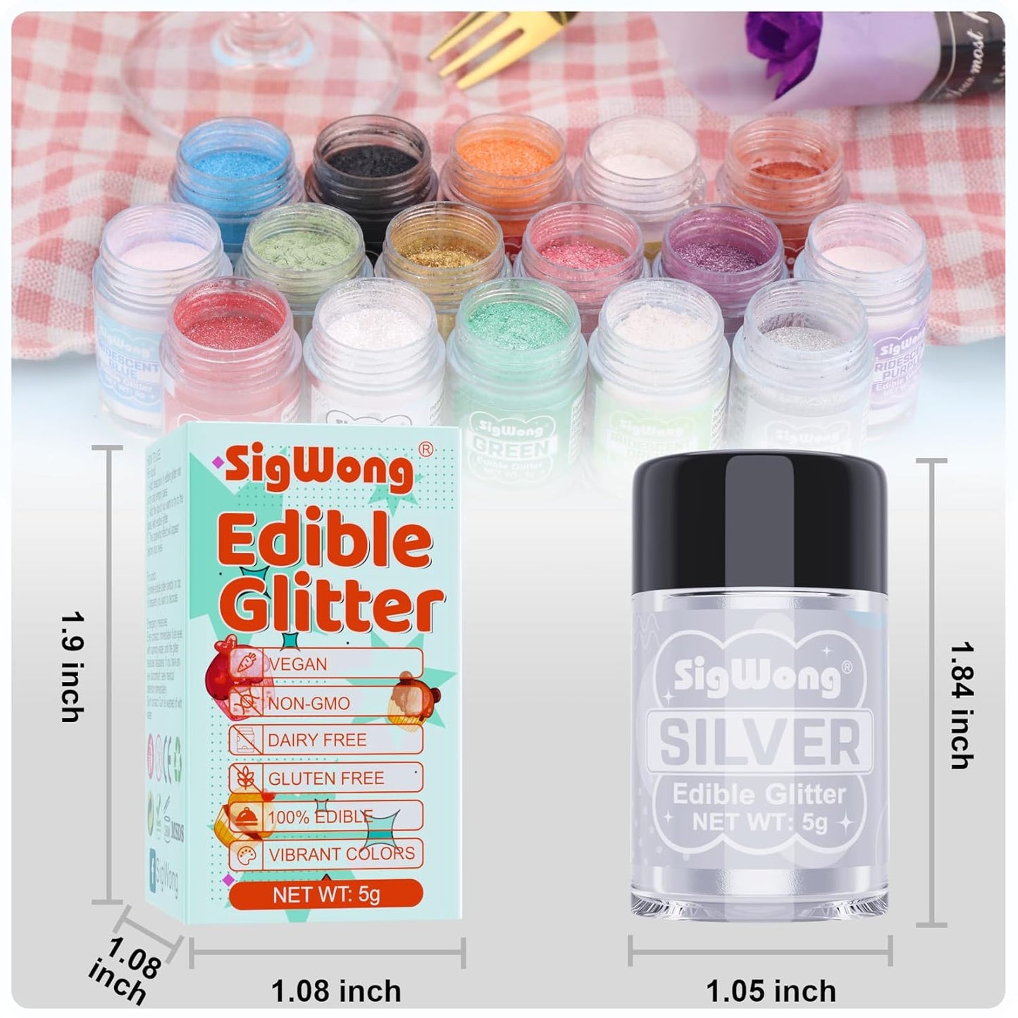 Silver Edible Glitter - 5g Food Grade Cake Decorating Shimmering Glitter, Edible Sprinkle Luster Dust for Drinks, Chocolates, Fondant, Strawberries, Cupcakes, Candy, Cookie - Vegan