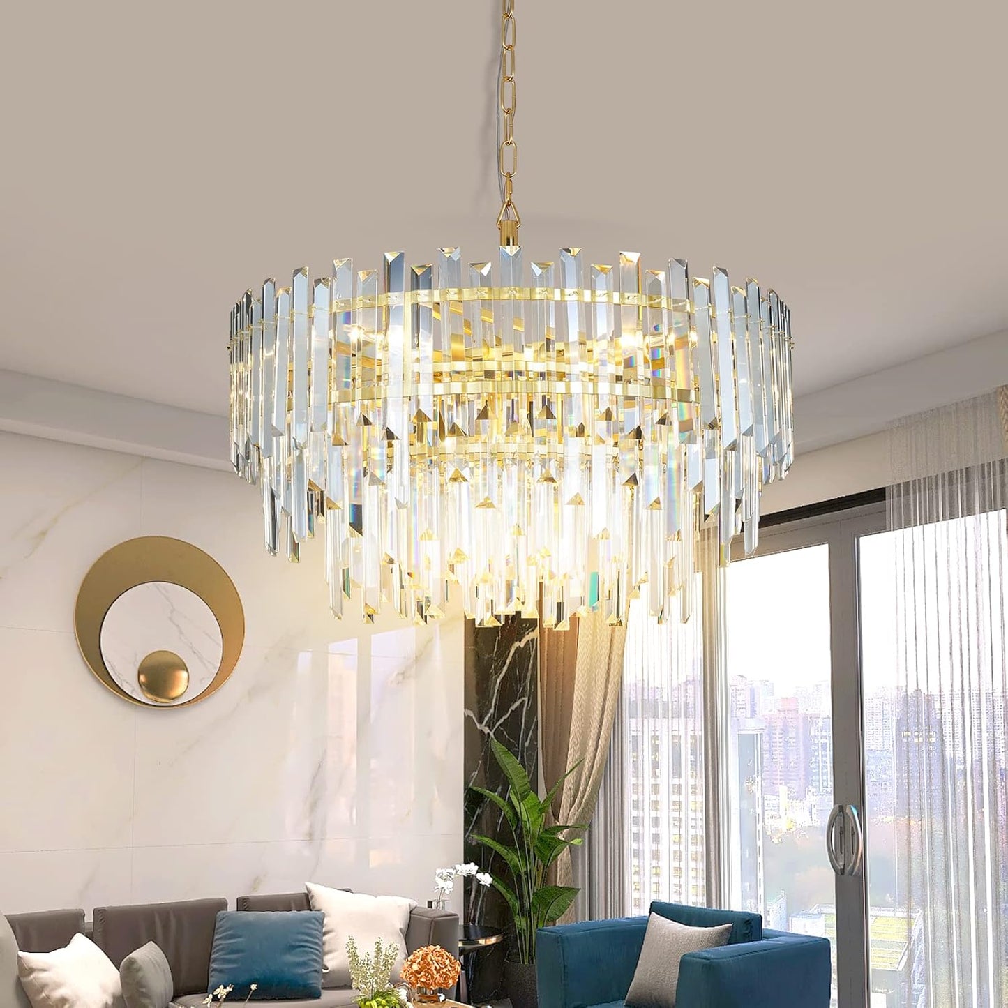 Gold Copper Crystal Chandelier Lighting 24'' for Dining Rooms Bedroom Foyer Entryway Ceiling Hanging Pendant Chandelier Light Fixture Lamp