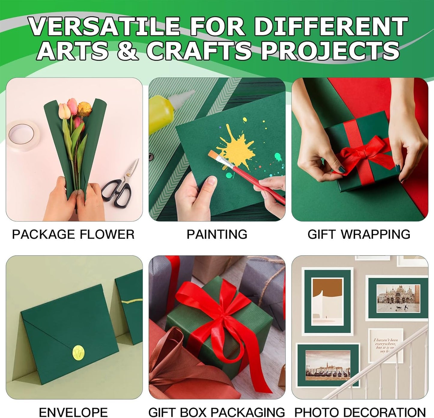 Vanhench Green Wrapping Paper 17.5" x 760" (63'), Solid Color Art Kraft Craft Paper for Bouquet Flower Crafts Packing Birthday Christmas Wrapping Poster Bulletin Board 80GSM 55LB