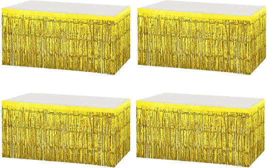 4 Pack Metallic Foil Fringe Tinsel Table Skirts,29x108 Inch Party Disposable Table Skirt Banner for Hotel Banquet Parade Floats Mardi Gras Holiday Birthday Wedding New Year Party Decoration(Gold)