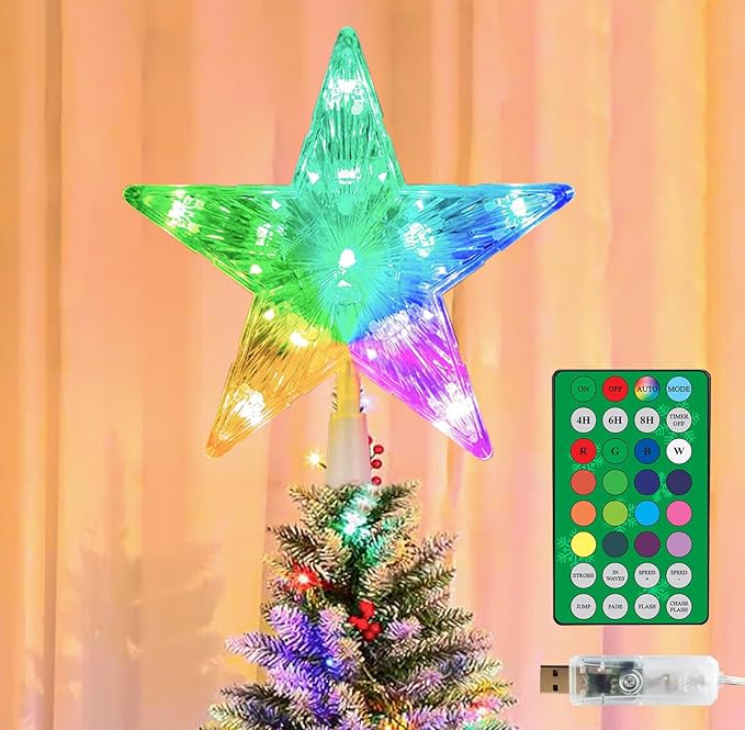 Christmas Star Tree Topper 7.5" 10 LED RGB Color Changing USB Powered Plug in 5-Point Star 3D Xmas Solid/Flash Treetop Remote Control & Timer for Christmas New Year Holiday Tree Decoration