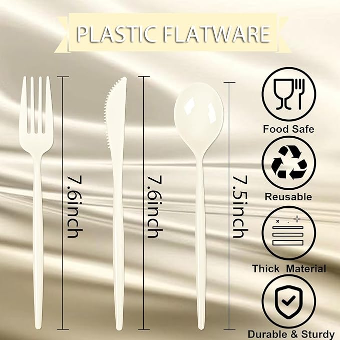 Supernal 180pcs Plastic Silverware Heavy Duty Ivory Plastic Utensils Cutlery Disposable Beige Party Silverware Include 60 Forks,60 Knvies,60 Spoons Disposable Cutlery for Party,Wedding,New Year