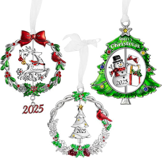 Christmas Tree Ornament Metal Silver Hanging Rotatable Design Charm Holiday Decorative Pendant Gift Keepsake (2025, 3 Piece Set)
