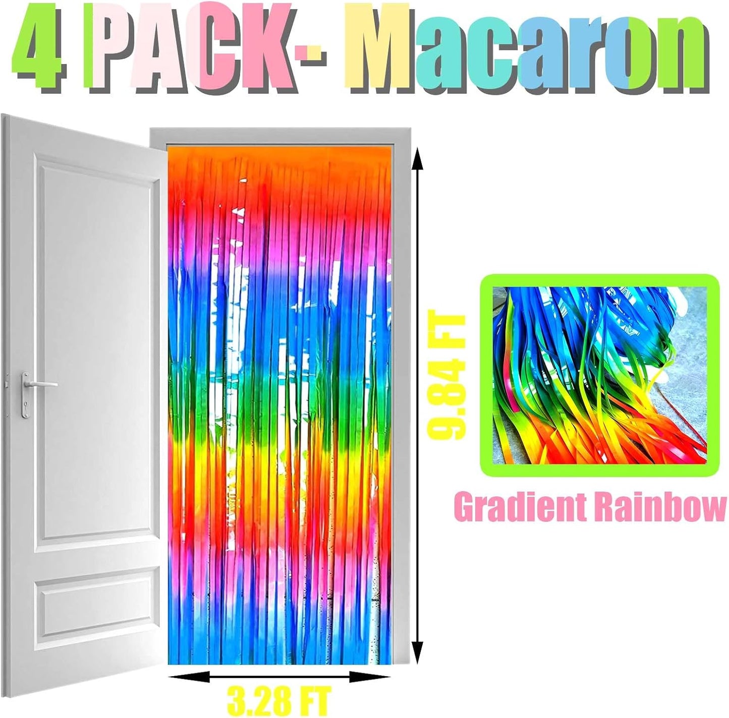 4 Pack Rainbow Foil Fringe Curtain Backdrop, 3.3Ft x 9.8Ft Colorful Metallic Tinsel Foil Streamers Curtains for Photo Booth, Wedding, Thanksgiving, Birthday, Christmas, Halloween Party Decoration