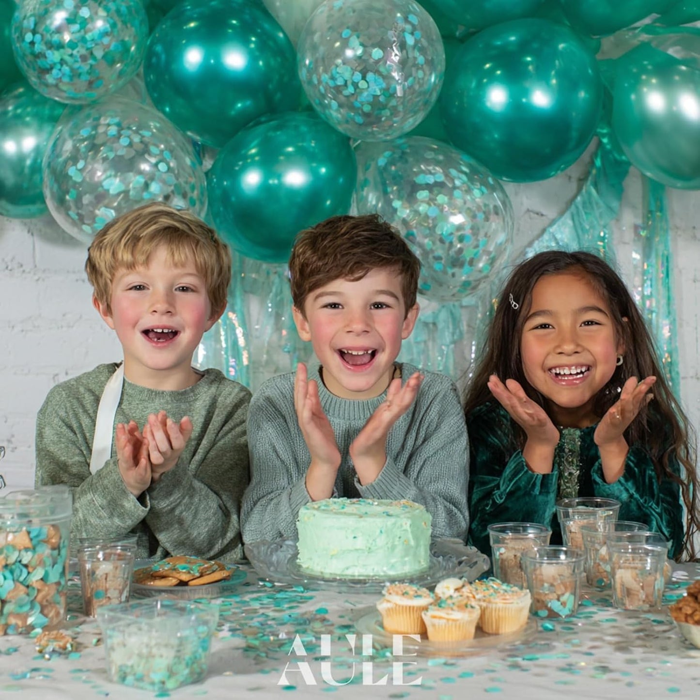 AULE Party Balloons Pack of 42 - Metallic Green Balloons & Confetti Balloons and 64ft Ribbons - 12 Inch Teal Green Balloon Decorations Set