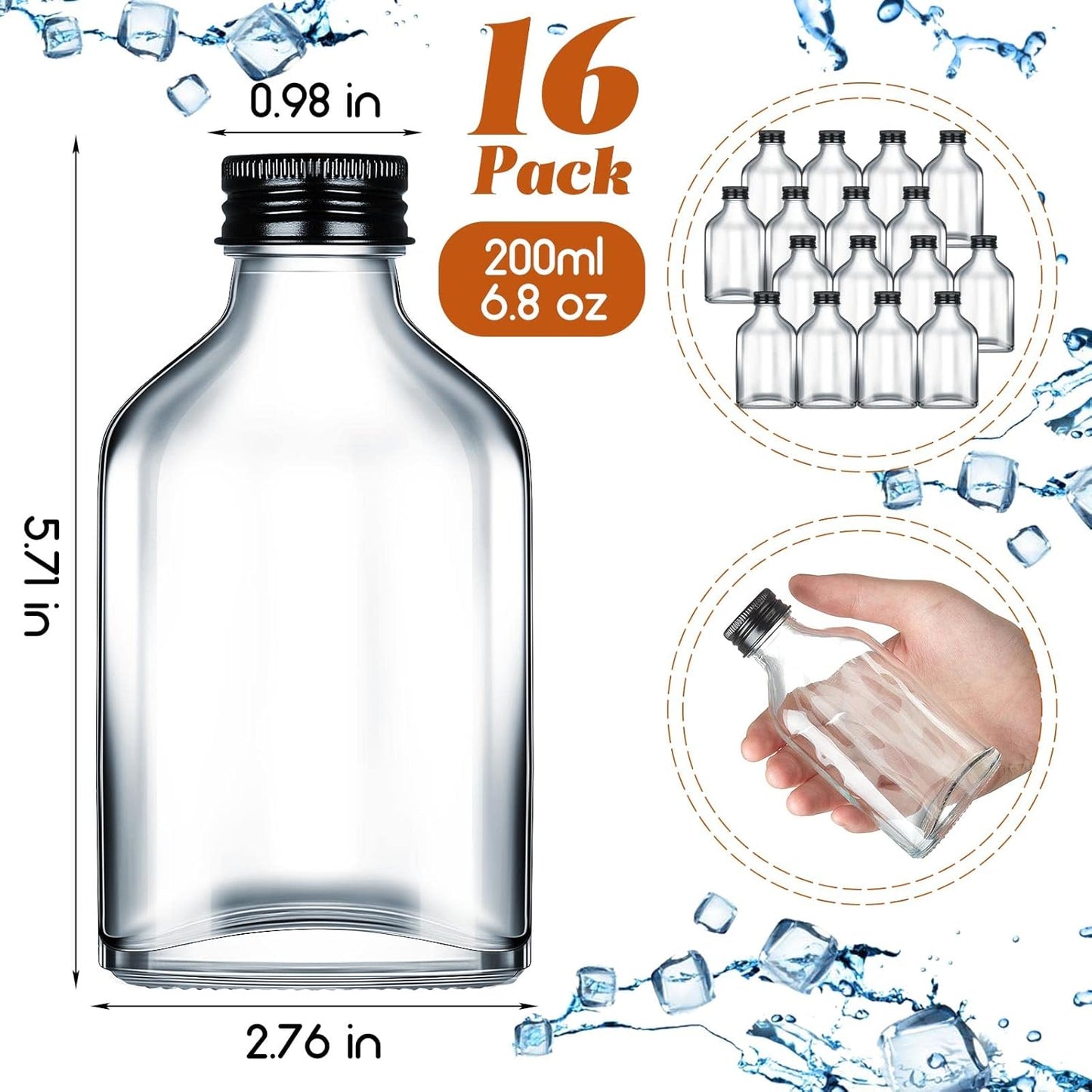 Patelai 16 Pcs Clear Glass Bottles with Caps Mini Glass Flask Liquor Bottles Empty Alcohol Shot Bottling Small Champagne Container DIY Gift for Wine Beverages Liquor Drinks Oil Beer (200 ml/ 6.8oz)