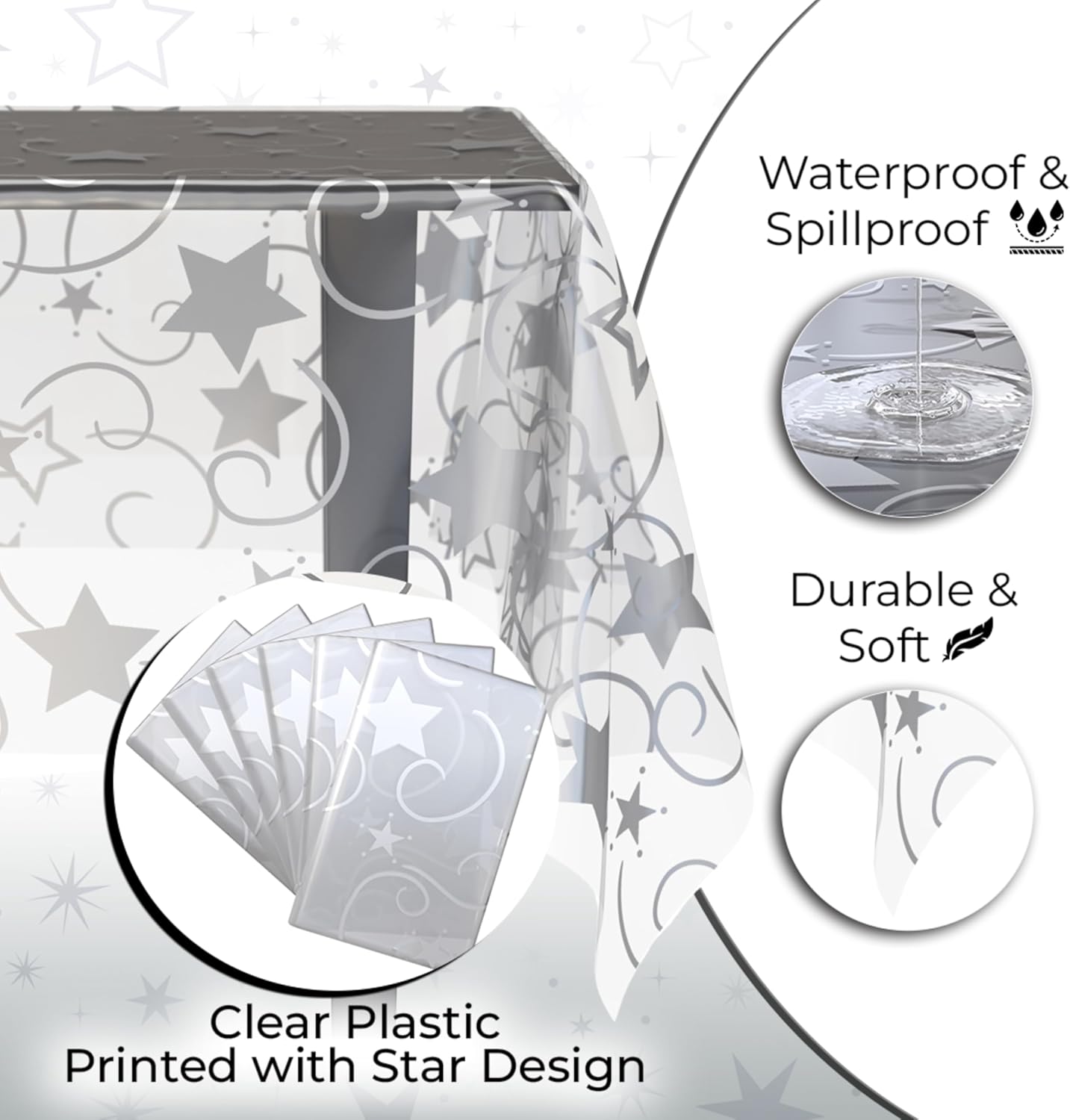 Exquisite Clear Silver Star Tablecloth Plastic 12-Pack Disposable Rectangle Tablecloths 54" x 108" Silver Star Table Cloths Rectangle Table Covers Plastic Tablecloth for Party Decorations