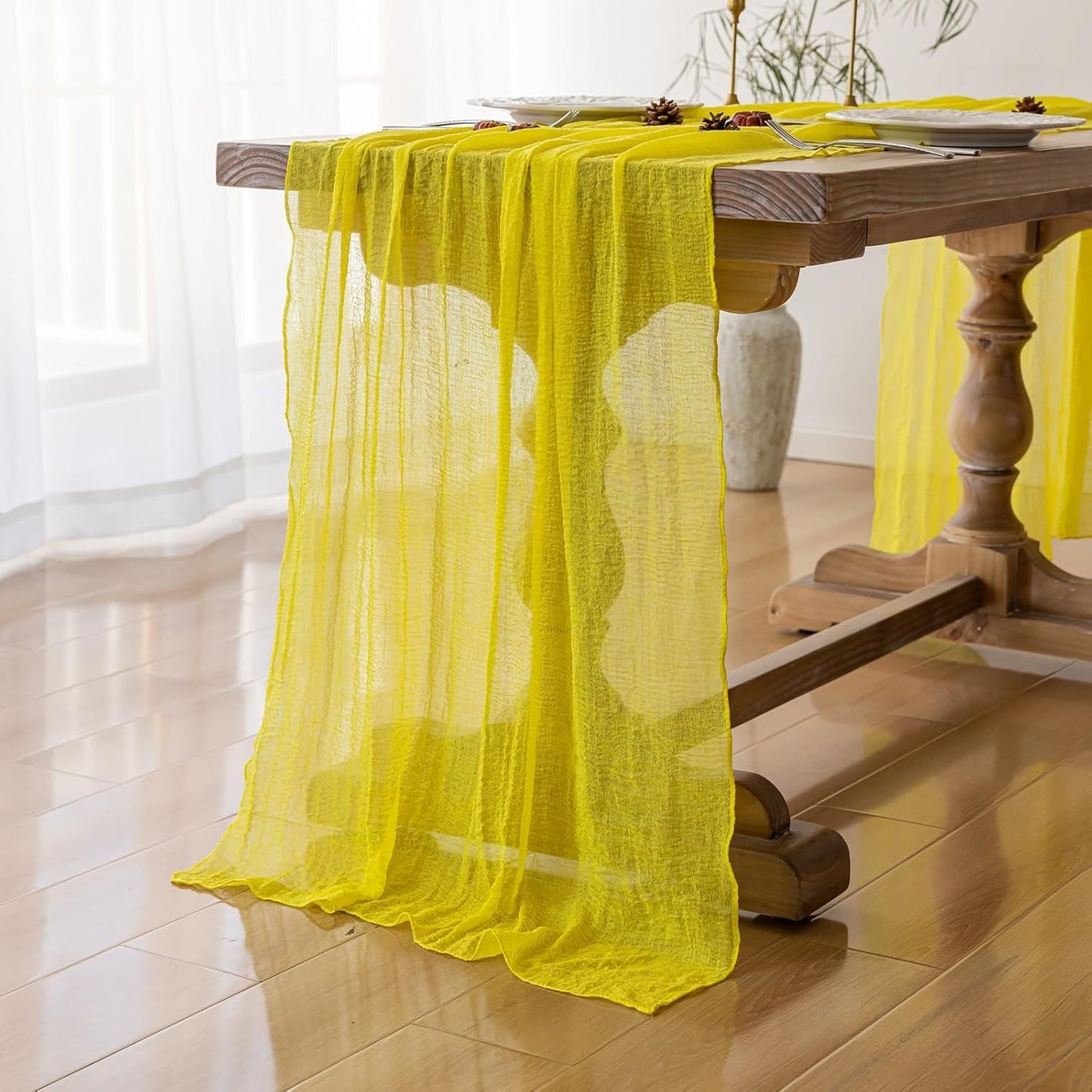 6pcs Yellow Gauze Rustic Cheesecloth Table Runner 120 Inch 10 FT for Wedding Baby Shower Bridal Shower Birthday Engagement Garden Outdoor Party Long Sheer Boho Decorations