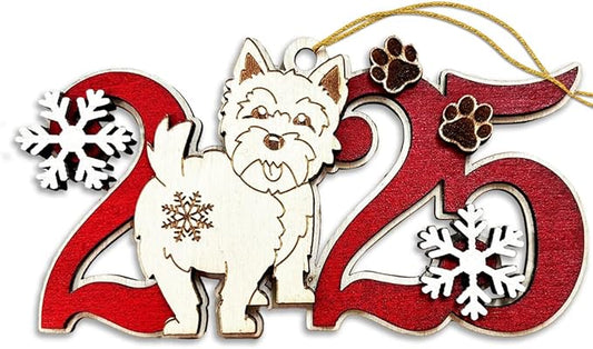 West Highland White Terrier 2025 Christmas Ornament – Cute Wooden Dog Tree Decoration with Snowflakes & Paw Prints for Westie Lovers, Pet Owner Christmas Décor