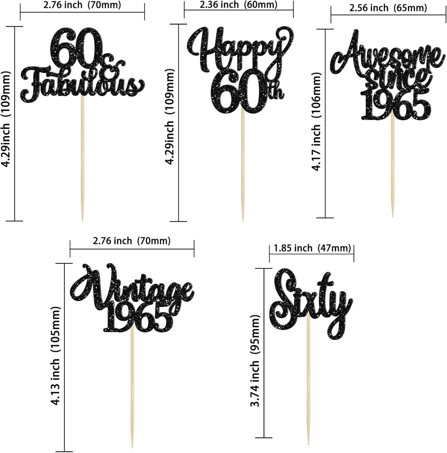30Pcs Happy 60th Birthday Cupcake Toppers Glitter Sixty Vintage 1965 Cupcake Picks Cheers to 60 Fabulous Cake Decorations for 60th Birthday Wedding Anniversary Party Supplies Black