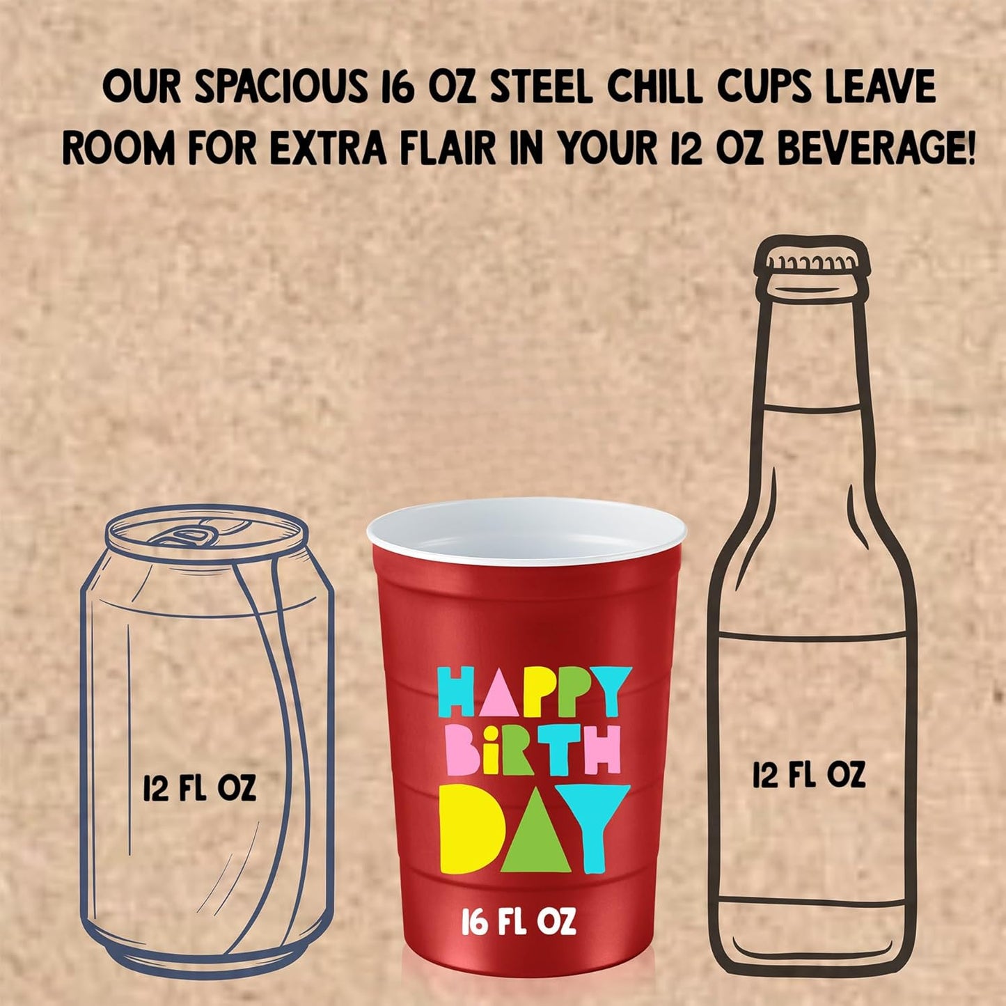 16 oz. Party Cups 'Happy Birthday' Balloon Design for Cold Drinks, Durable, Disposable, Recyclable, Made in USA, Red, 12 Count