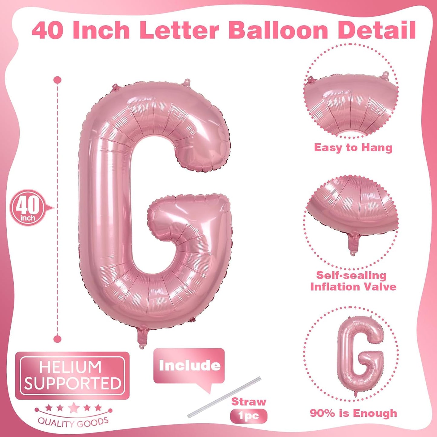 G Letter Balloon Pastel Pink, 40" Alphabet Helium Balloon, Large Inflatable Baby Pink Name Balloon Letters G, XXL Mylar Custom Letter Balloons Light Pink for Girls Birthday Party Decoration Supplies
