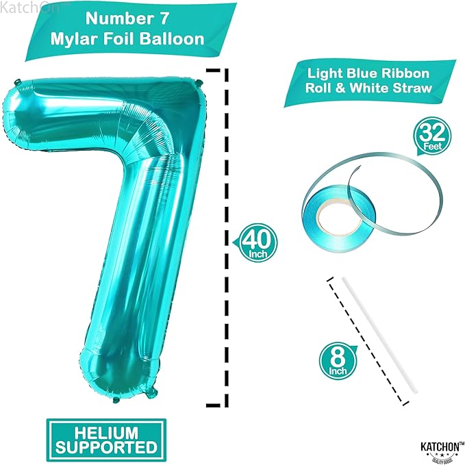 KatchOn, Aqua Blue 40 Inch Number 7 Balloon - 1pcs | Birthday Decorations for Boys & Girls | Unisex Ocean Themed 7th Birthday Party Supplies