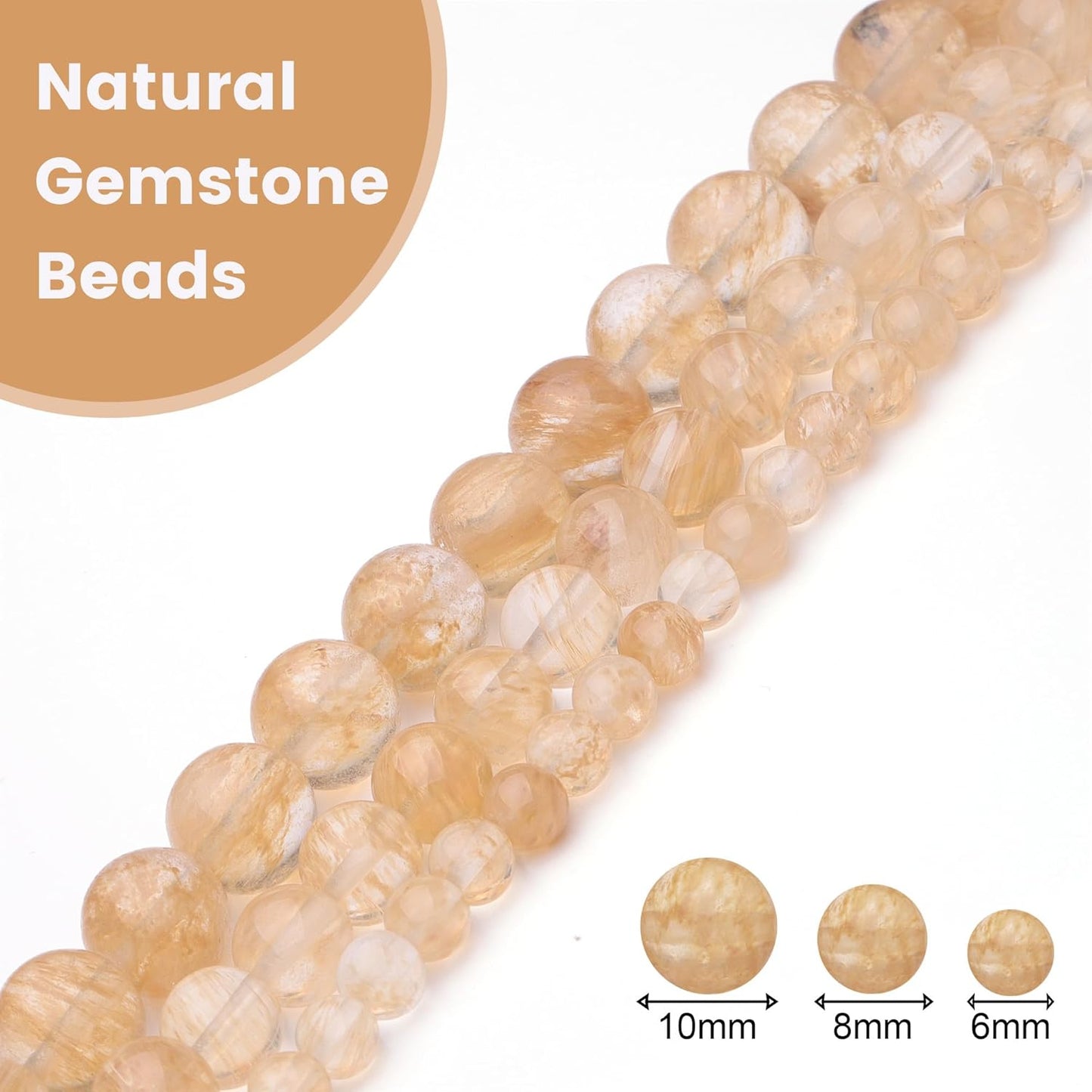 10mm Natural Stone Beads for Jewelry Making,Gold Rutilated Quartz Polished Smooth Round Gemstone Beads for Bracelet Necklace 15 Inch