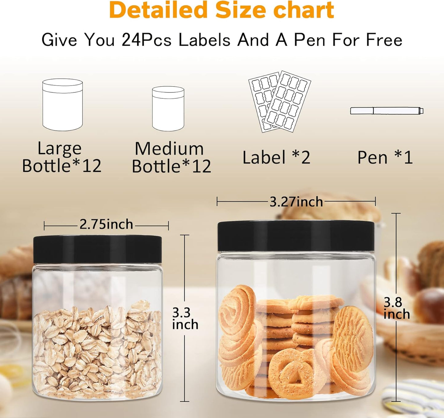 Plastic Jars with Lids 8 oz & 14 oz 24Pcs Clear Plastic Slime Storage Jars Containers with Airtight Leak Proof Black Screw On Lids Cylinder Clear Round Jar Food Grade Durable Jar