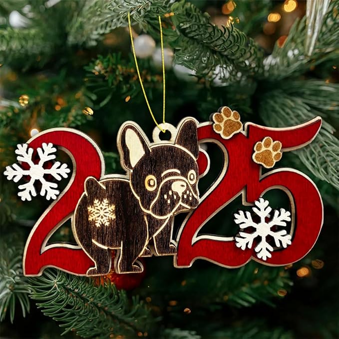 Black French Bulldog 2025 Christmas Ornament – Cute Wooden Dog Tree Decoration with Snowflakes & Paw Prints for Frenchie Lovers, Pet Owner Christmas Décor