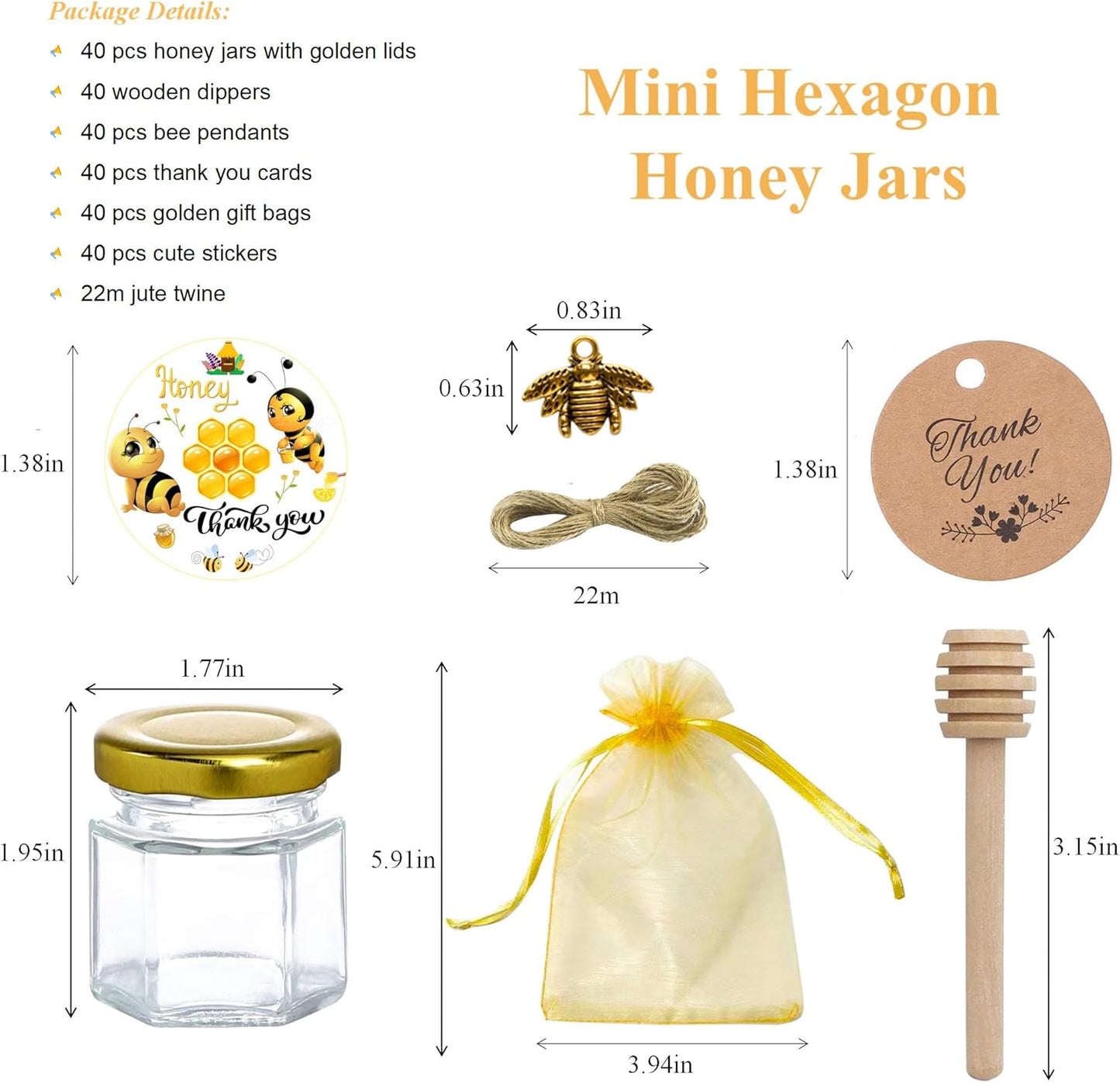 IIKUM 40 Pack Glass Honey Jars, 1.5 oz Hexagon Honey Pots with Lids, Dippers, Bee Pendants, Gift Bags, Thank You Cards, Jute and Stickers-Great Honey Jars Set for Baby Shower, Wedding and Party Favors