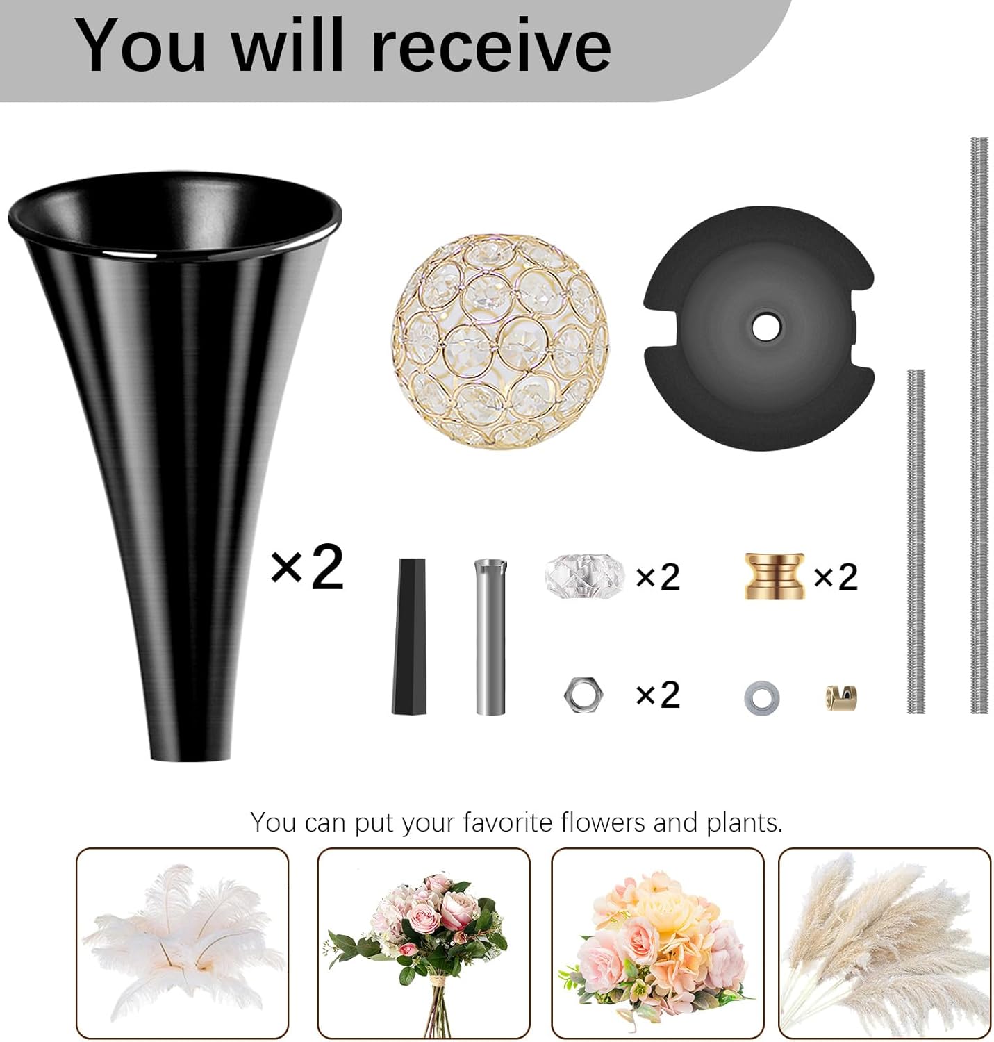 VIJIV Black Crystal Flower Vases for Centerpieces Tables - Tall Trumpet Vase for Bouquet Decorative, Dining Table Décor Flower Stand with Ribbed Texture for Events, Bridal Showers & Boho Weddings